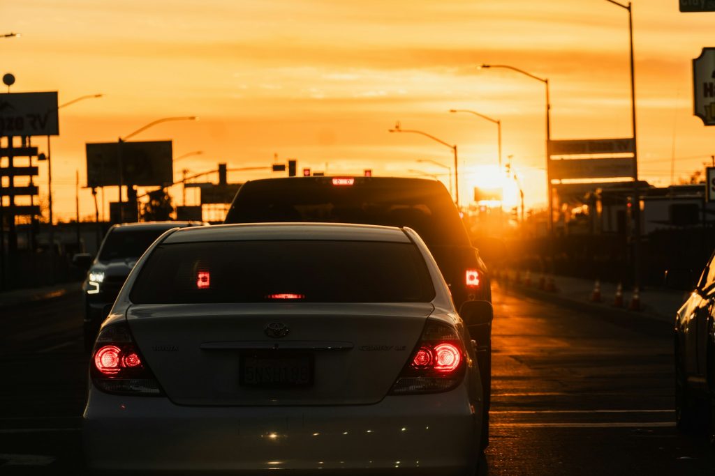 traffic jam sunset white car